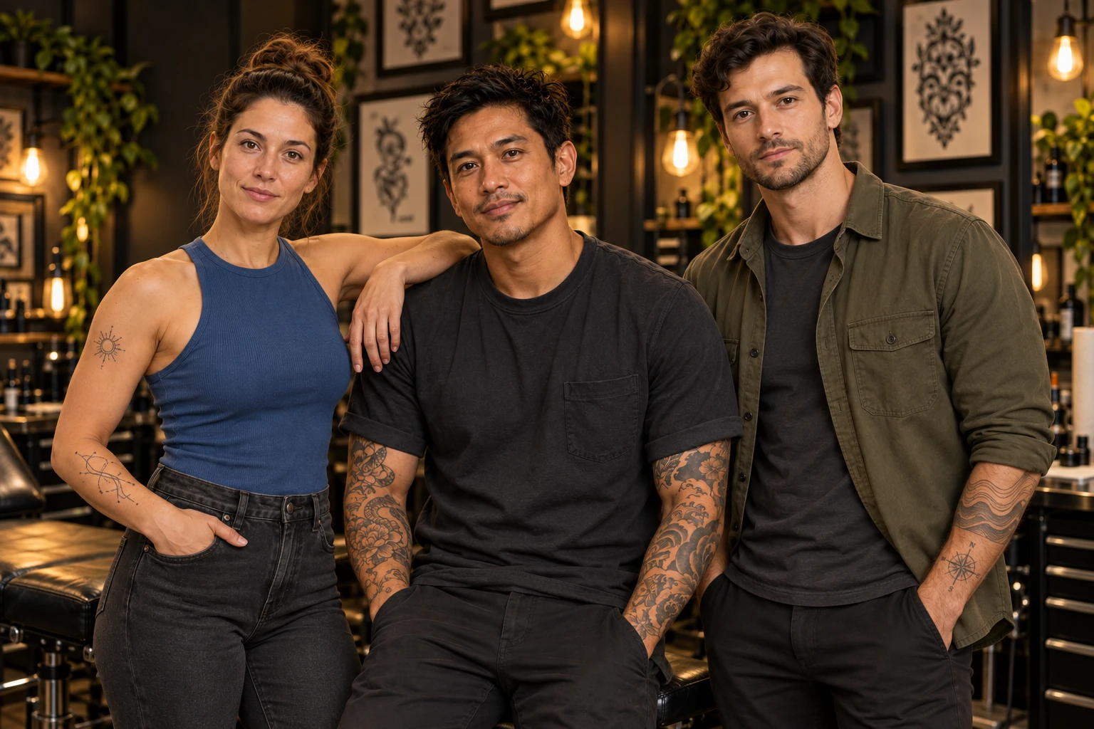 Maya, Nico and Leo together in a tattoo studio, fully dressed with distinct tattoos